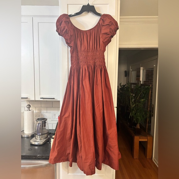 Doen Quinn cotton poplin puff sleeve midi dress in Amberwood rust - Picture 7 of 9